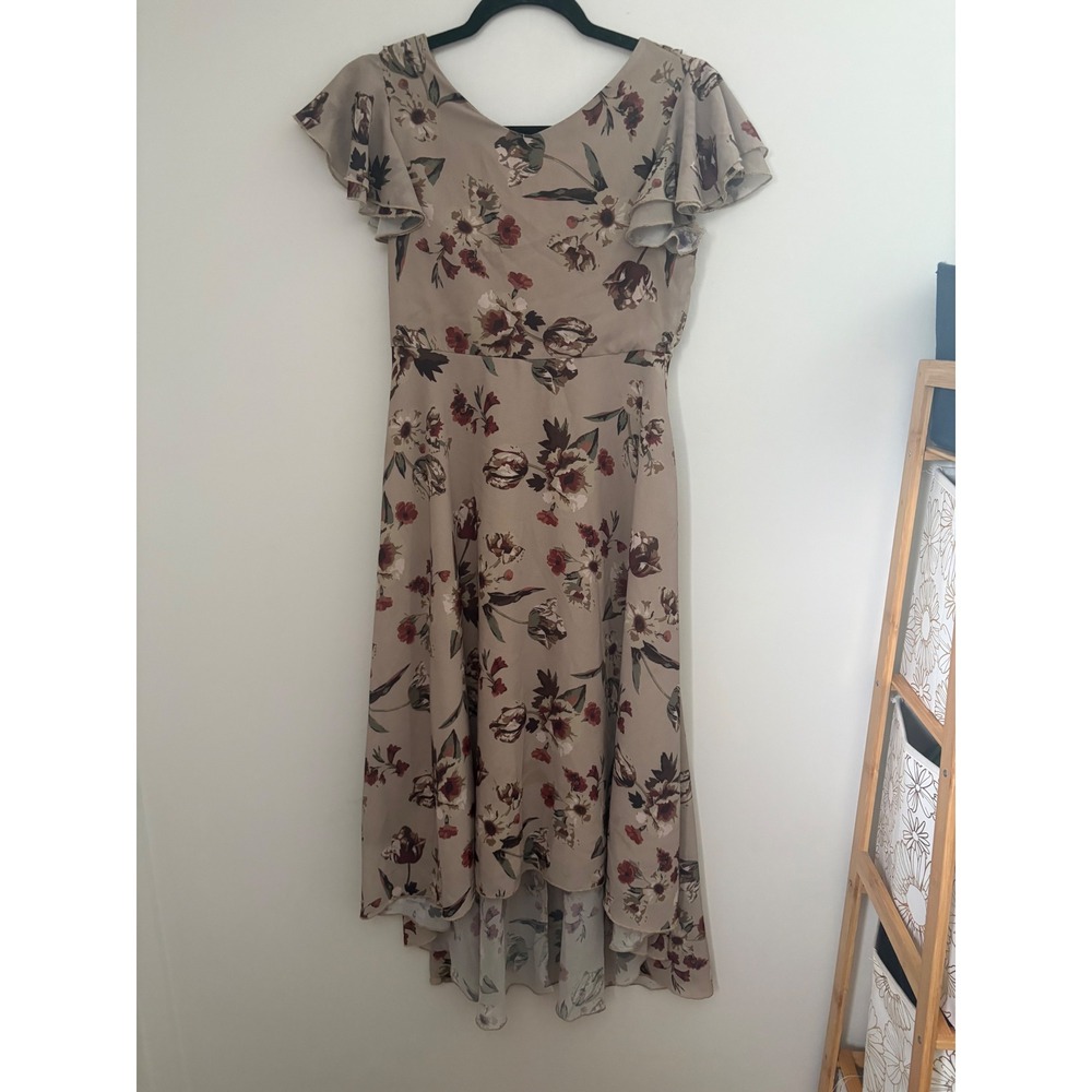 Mia Joy Joyfolie Girls Tan Burgundy Floral Flutter Sleeve High Low Dress Size 14